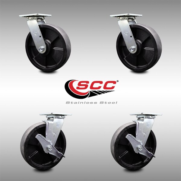 Service Caster 8 Inch SS Glass Filled Nylon Swivel Caster Set with Roller Bearings 2 Brakes SCC SCC-SS30S820-GFNR-2-TLB-2 - main